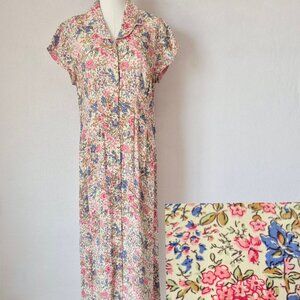 Vintage April Cornell Floral Rayon Chiffon Cottagecore Maxi Dress Cap-Sleeve